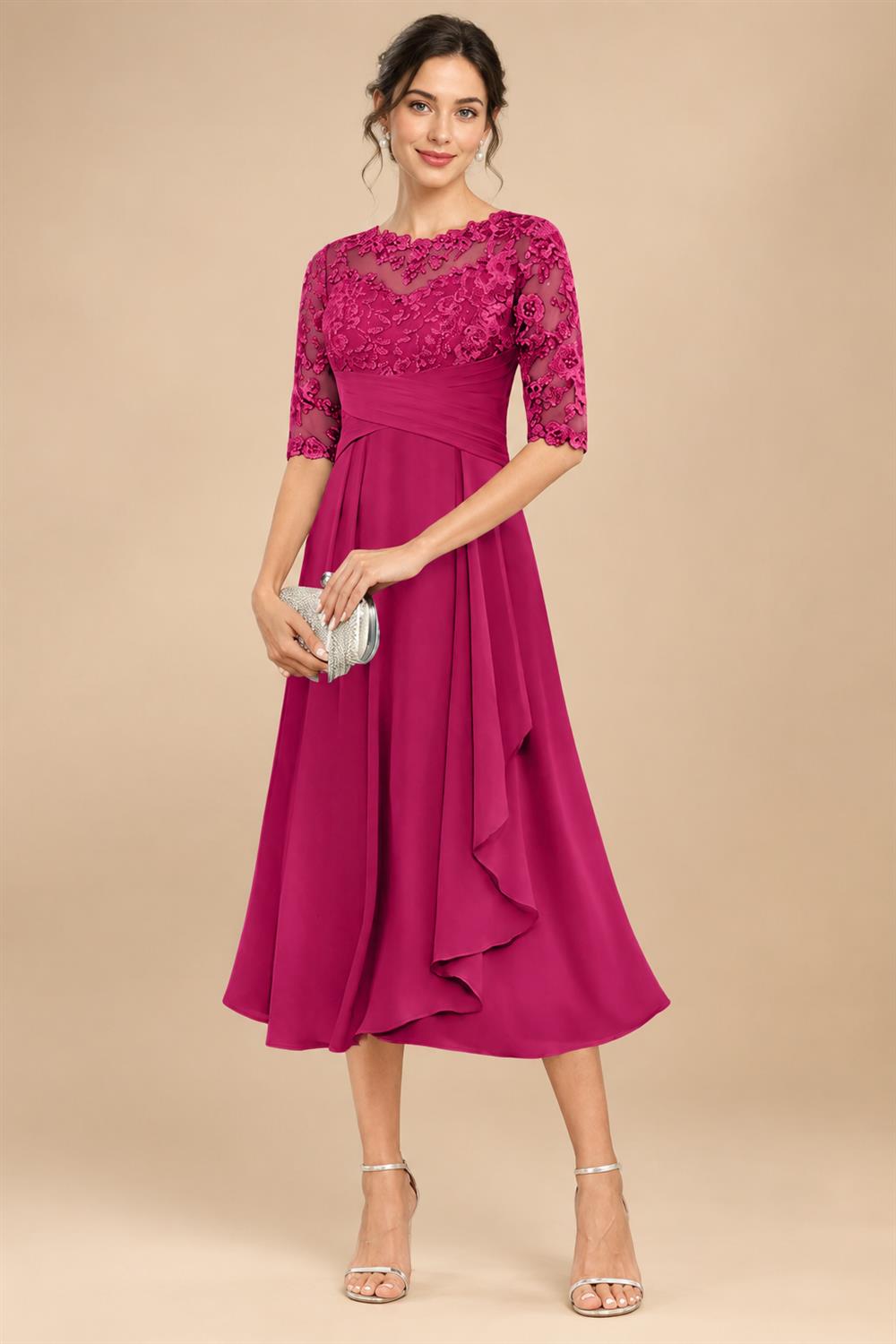 A-Line/Princess Scoop Illusion Lace Appliques Tea-Length Mother of the Bride Dresses with Pleated Ruffle (SHI22500105)