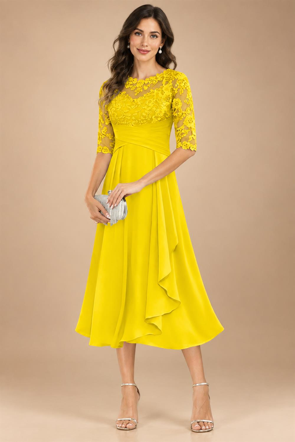 A-Line/Princess Scoop Illusion Lace Appliques Tea-Length Mother of the Bride Dresses with Pleated Ruffle (SHI22500105)