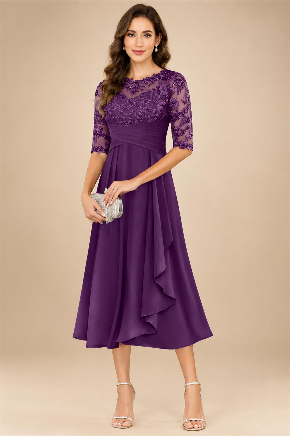A-Line/Princess Scoop Illusion Lace Appliques Tea-Length Mother of the Bride Dresses with Pleated Ruffle (SHI22500105)
