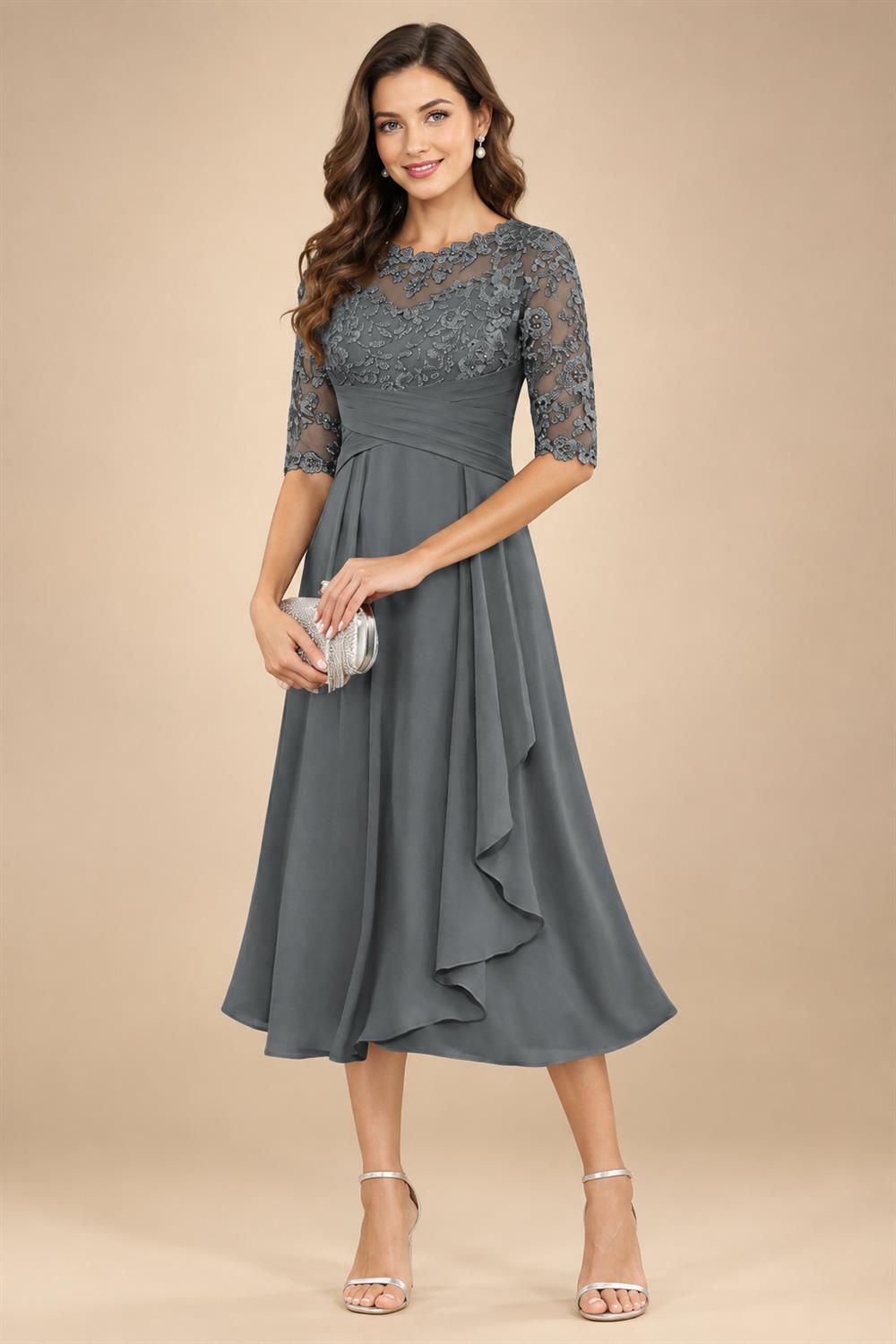 A-Line/Princess Scoop Illusion Lace Appliques Tea-Length Mother of the Bride Dresses with Pleated Ruffle (SHI22500105)