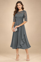 A-Line/Princess Scoop Illusion Lace Appliques Tea-Length Mother of the Bride Dresses with Pleated Ruffle (SHI22500105)