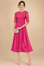 A-Line/Princess Scoop Illusion Lace Appliques Tea-Length Mother of the Bride Dresses with Pleated Ruffle (SHI22500105)