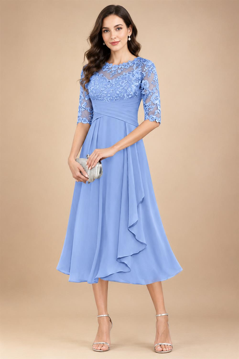 A-Line/Princess Scoop Illusion Lace Appliques Tea-Length Mother of the Bride Dresses with Pleated Ruffle (SHI22500105)