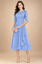 A-Line/Princess Scoop Illusion Lace Appliques Tea-Length Mother of the Bride Dresses with Pleated Ruffle (SHI22500105)