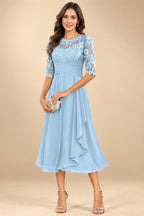 A-Line/Princess Scoop Illusion Lace Appliques Tea-Length Mother of the Bride Dresses with Pleated Ruffle (SHI22500105)