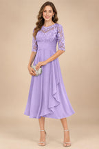 A-Line/Princess Scoop Illusion Lace Appliques Tea-Length Mother of the Bride Dresses with Pleated Ruffle (SHI22500105)