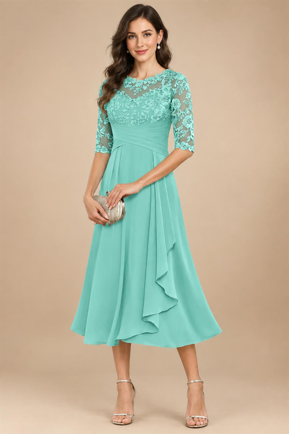 A-Line/Princess Scoop Illusion Lace Appliques Tea-Length Mother of the Bride Dresses with Pleated Ruffle (SHI22500105)