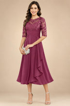 A-Line/Princess Scoop Illusion Lace Appliques Tea-Length Mother of the Bride Dresses with Pleated Ruffle (SHI22500105)