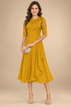 A-Line/Princess Scoop Illusion Lace Appliques Tea-Length Mother of the Bride Dresses with Pleated Ruffle (SHI22500105)