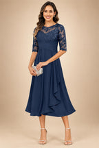 A-Line/Princess Scoop Illusion Lace Appliques Tea-Length Mother of the Bride Dresses with Pleated Ruffle (SHI22500105)