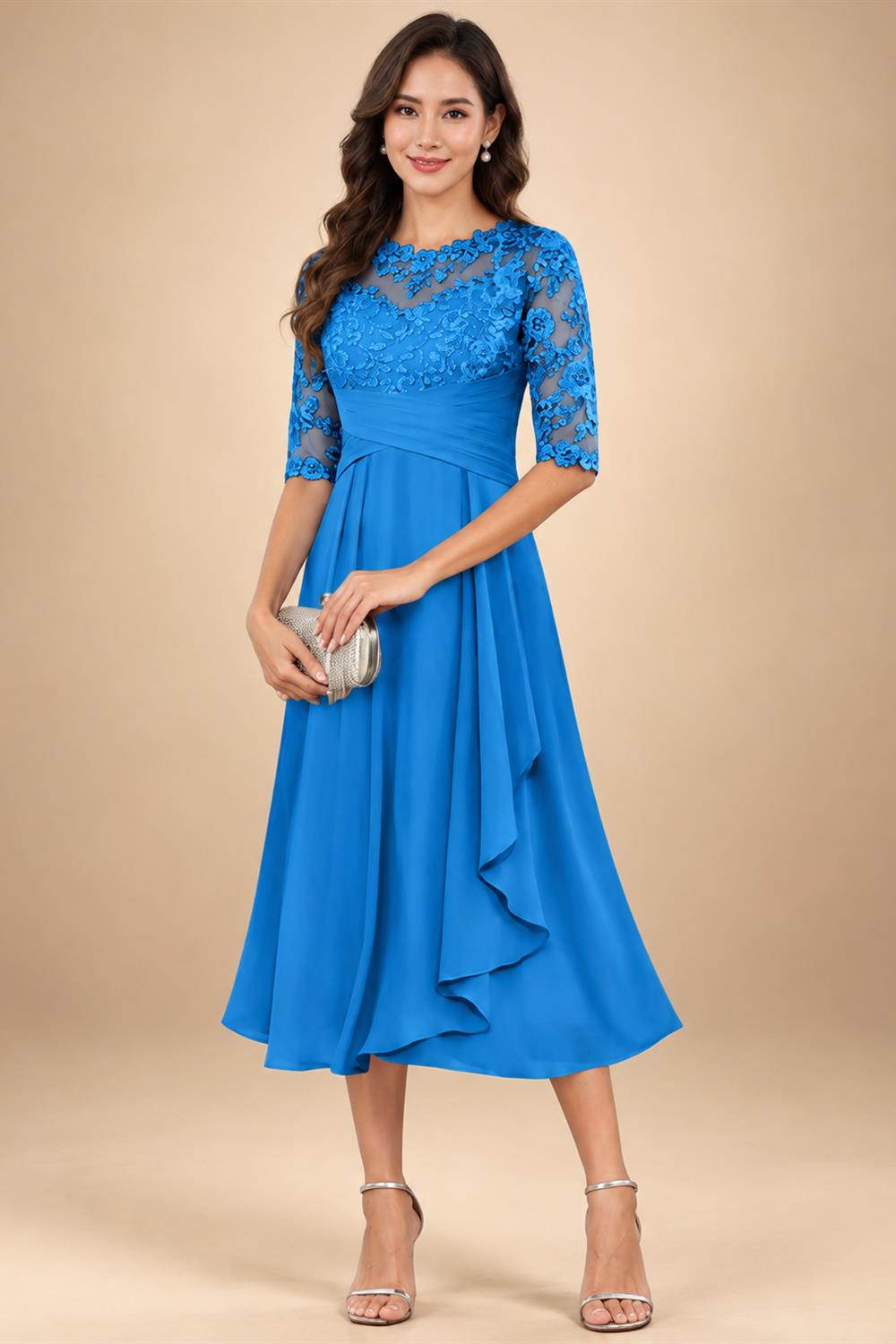 A-Line/Princess Scoop Illusion Lace Appliques Tea-Length Mother of the Bride Dresses with Pleated Ruffle (SHI22500105)