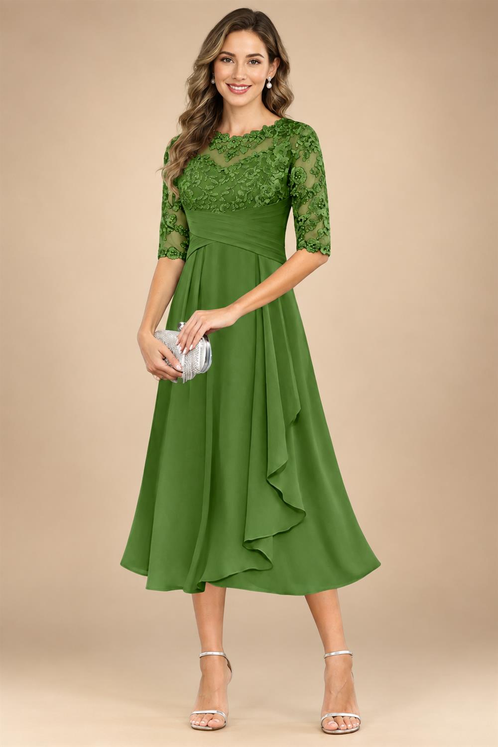 A-Line/Princess Scoop Illusion Lace Appliques Tea-Length Mother of the Bride Dresses with Pleated Ruffle (SHI22500105)