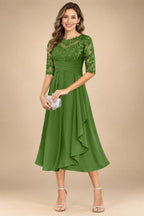 A-Line/Princess Scoop Illusion Lace Appliques Tea-Length Mother of the Bride Dresses with Pleated Ruffle (SHI22500105)