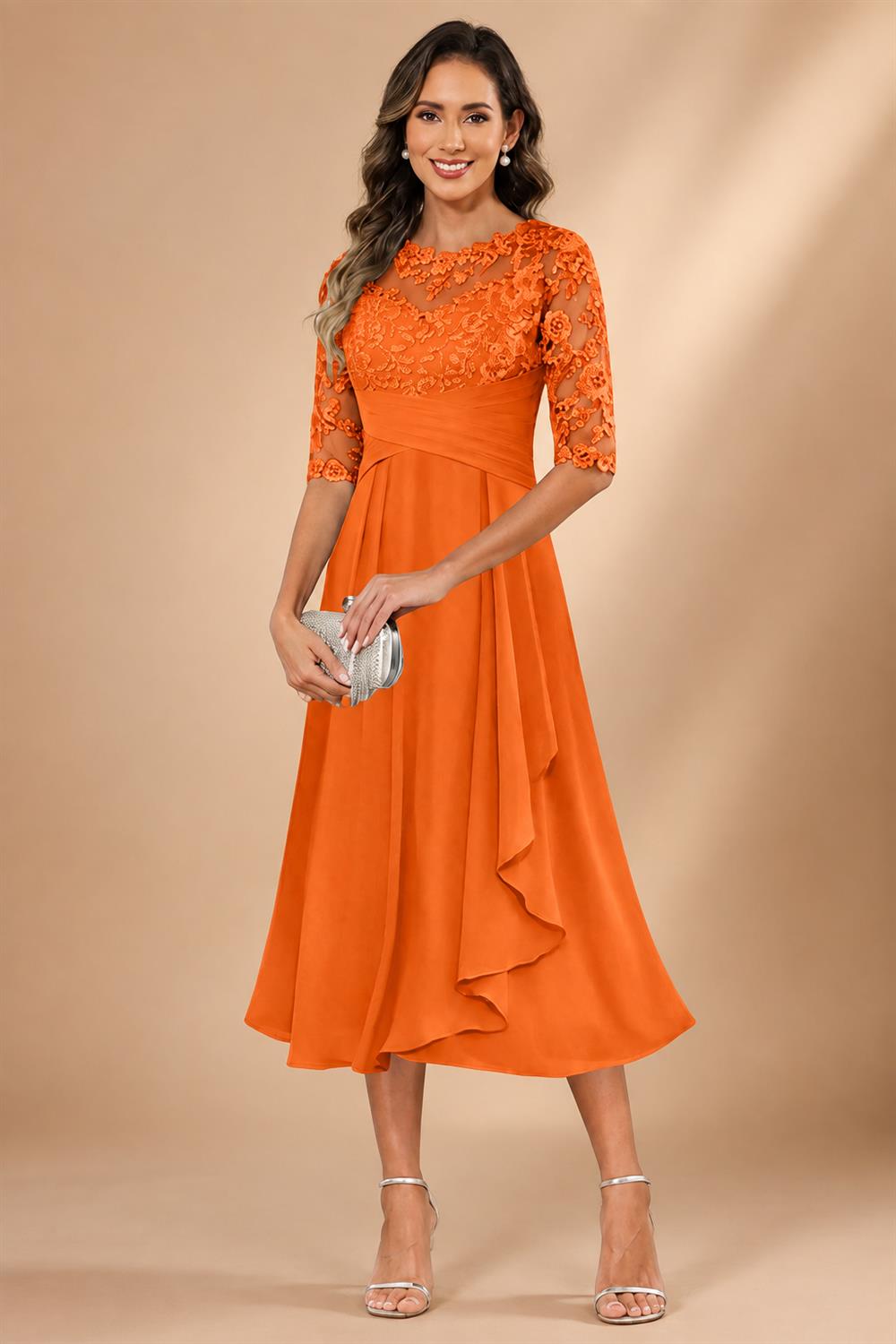 A-Line/Princess Scoop Illusion Lace Appliques Tea-Length Mother of the Bride Dresses with Pleated Ruffle (SHI22500105)