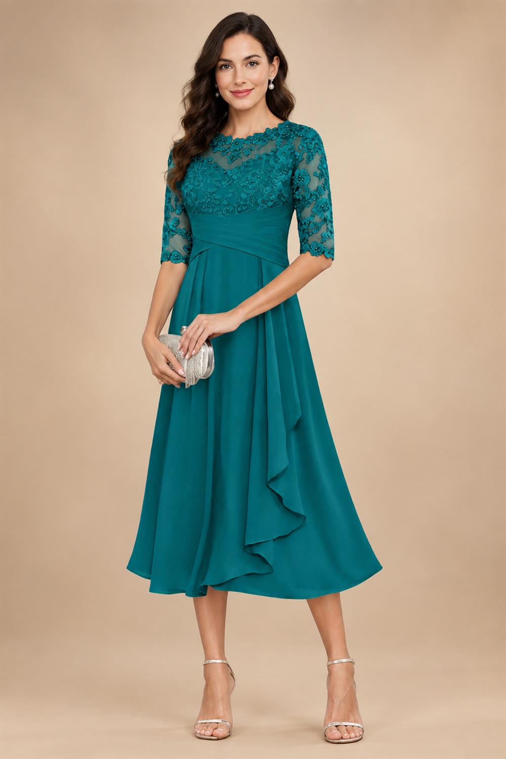 A-Line/Princess Scoop Illusion Lace Appliques Tea-Length Mother of the Bride Dresses with Pleated Ruffle (SHI22500105)
