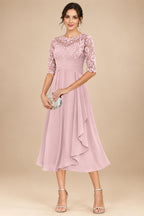 A-Line/Princess Scoop Illusion Lace Appliques Tea-Length Mother of the Bride Dresses with Pleated Ruffle (SHI22500105)