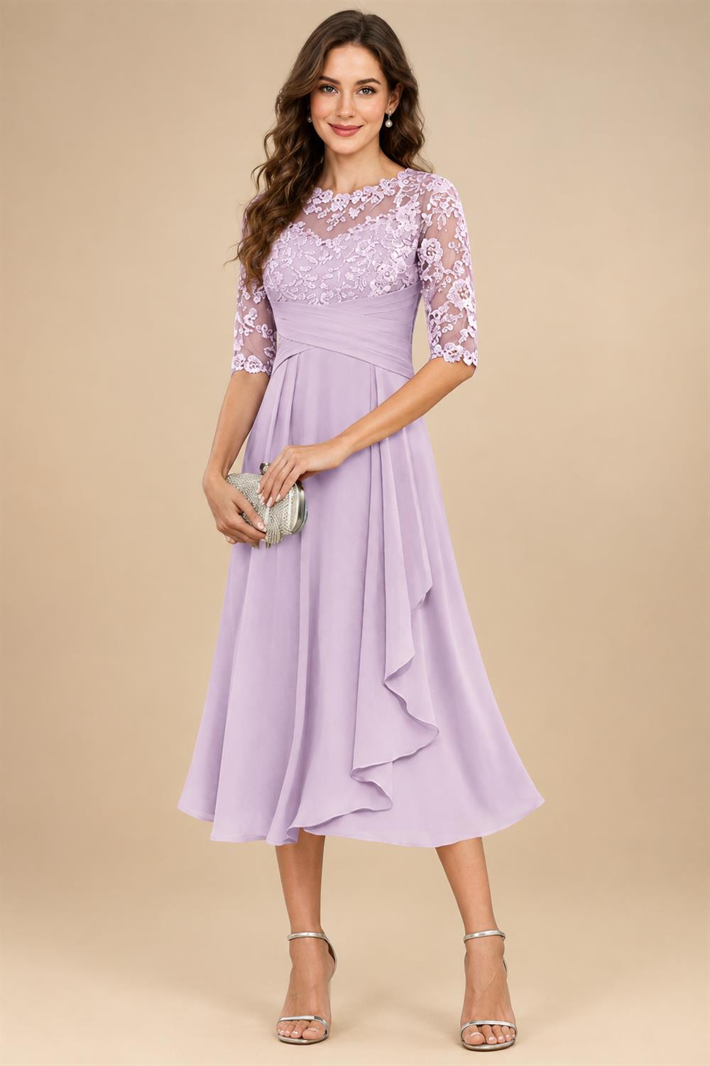 A-Line/Princess Scoop Illusion Lace Appliques Tea-Length Mother of the Bride Dresses with Pleated Ruffle (SHI22500105)
