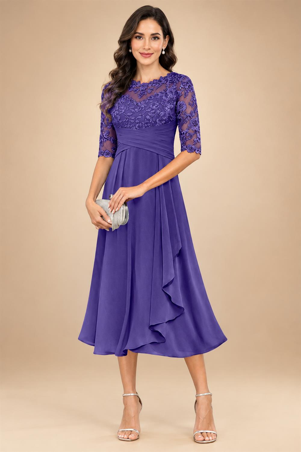A-Line/Princess Scoop Illusion Lace Appliques Tea-Length Mother of the Bride Dresses with Pleated Ruffle (SHI22500105)