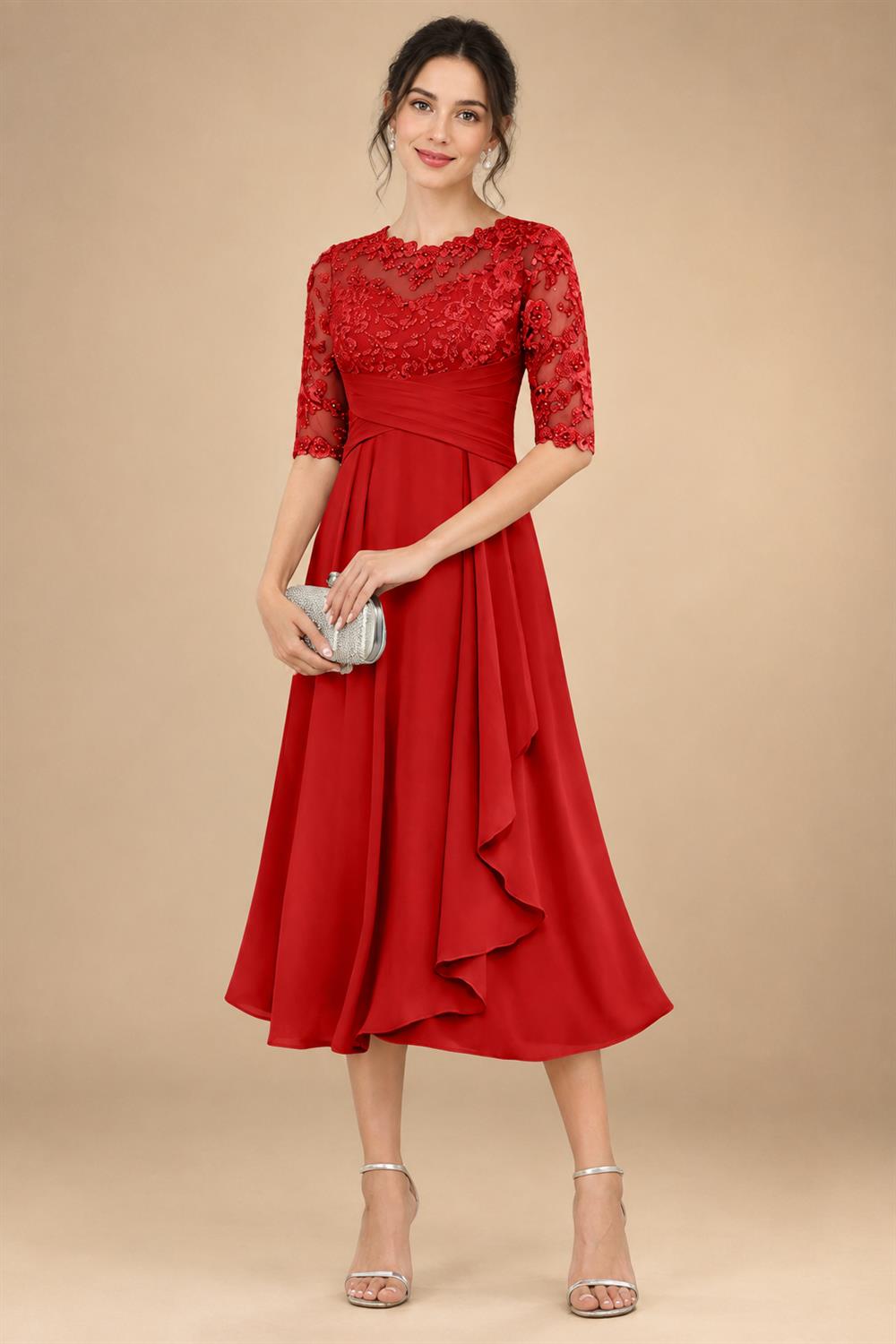 A-Line/Princess Scoop Illusion Lace Appliques Tea-Length Mother of the Bride Dresses with Pleated Ruffle (SHI22500105)