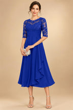 A-Line/Princess Scoop Illusion Lace Appliques Tea-Length Mother of the Bride Dresses with Pleated Ruffle (SHI22500105)