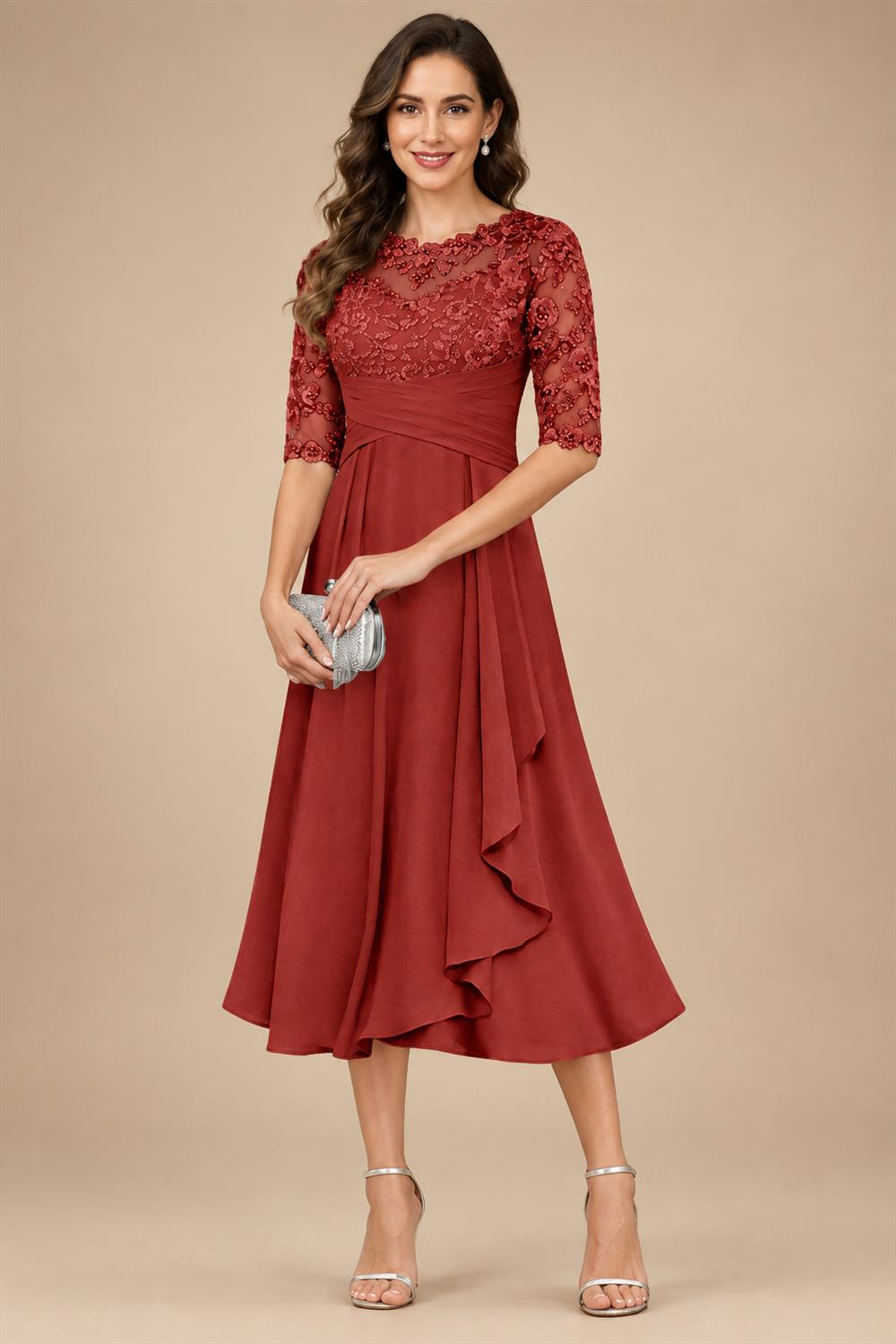 A-Line/Princess Scoop Illusion Lace Appliques Tea-Length Mother of the Bride Dresses with Pleated Ruffle (SHI22500105)