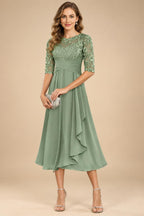 A-Line/Princess Scoop Illusion Lace Appliques Tea-Length Mother of the Bride Dresses with Pleated Ruffle (SHI22500105)