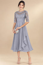 A-Line/Princess Scoop Illusion Lace Appliques Tea-Length Mother of the Bride Dresses with Pleated Ruffle (SHI22500105)