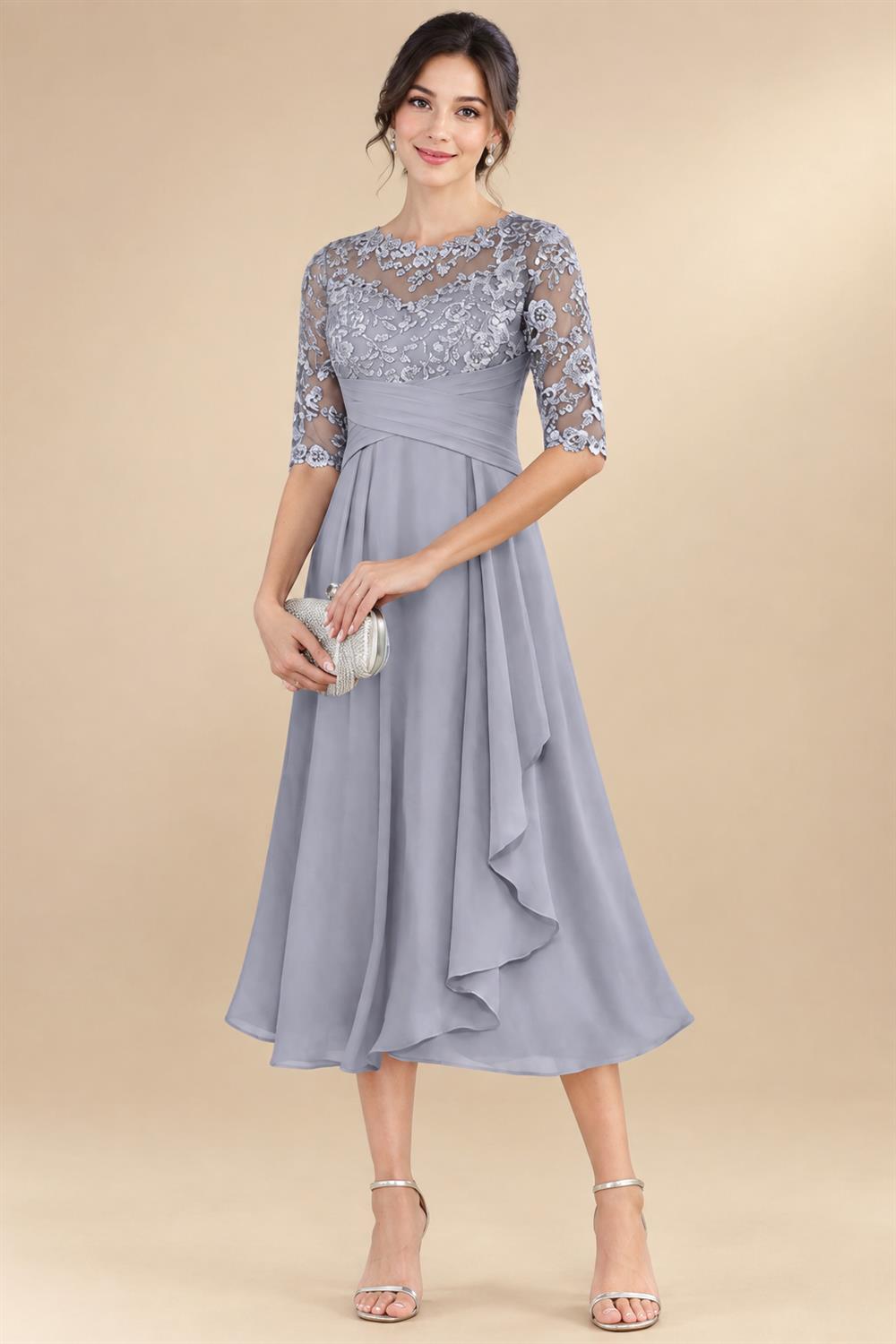 A-Line/Princess Scoop Illusion Lace Appliques Tea-Length Mother of the Bride Dresses with Pleated Ruffle (SHI22500105)