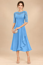 A-Line/Princess Scoop Illusion Lace Appliques Tea-Length Mother of the Bride Dresses with Pleated Ruffle (SHI22500105)