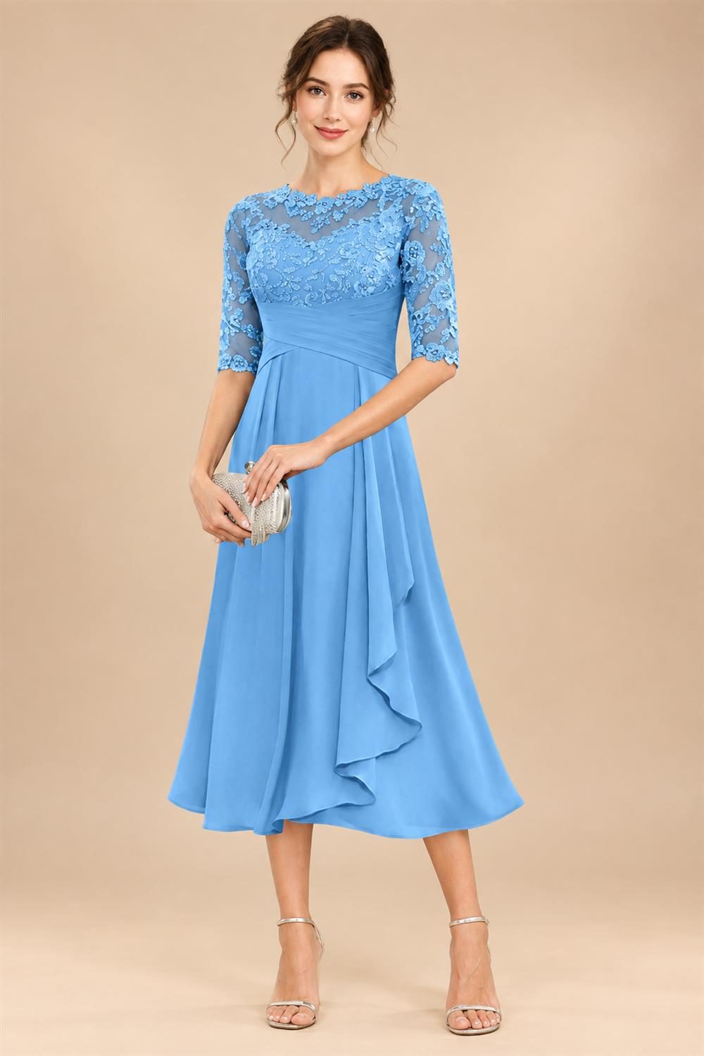 A-Line/Princess Scoop Illusion Lace Appliques Tea-Length Mother of the Bride Dresses with Pleated Ruffle (SHI22500105)