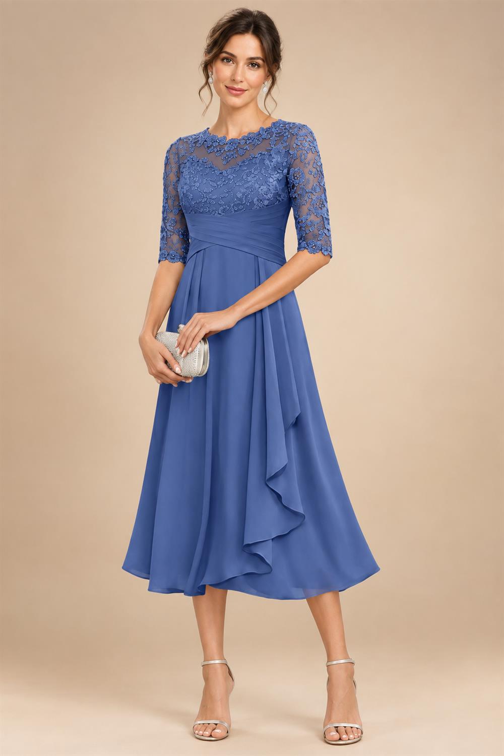 A-Line/Princess Scoop Illusion Lace Appliques Tea-Length Mother of the Bride Dresses with Pleated Ruffle (SHI22500105)