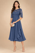A-Line/Princess Scoop Illusion Lace Appliques Tea-Length Mother of the Bride Dresses with Pleated Ruffle (SHI22500105)