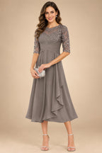 A-Line/Princess Scoop Illusion Lace Appliques Tea-Length Mother of the Bride Dresses with Pleated Ruffle (SHI22500105)