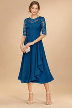 A-Line/Princess Scoop Illusion Lace Appliques Tea-Length Mother of the Bride Dresses with Pleated Ruffle (SHI22500105)