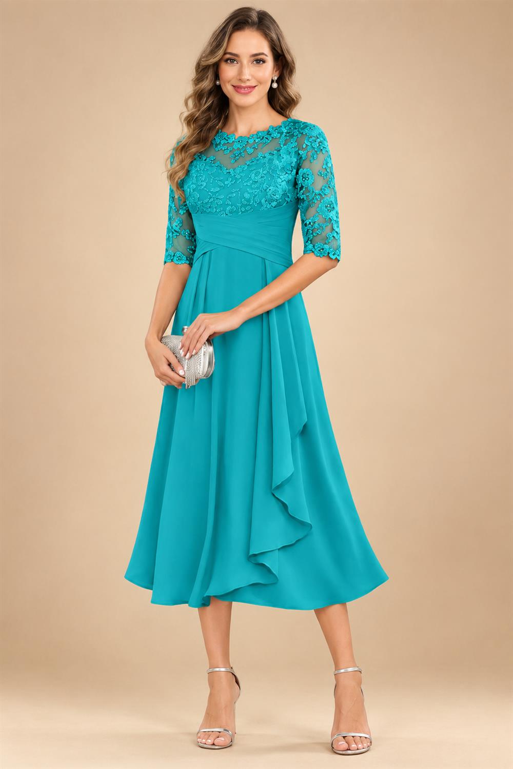 A-Line/Princess Scoop Illusion Lace Appliques Tea-Length Mother of the Bride Dresses with Pleated Ruffle (SHI22500105)