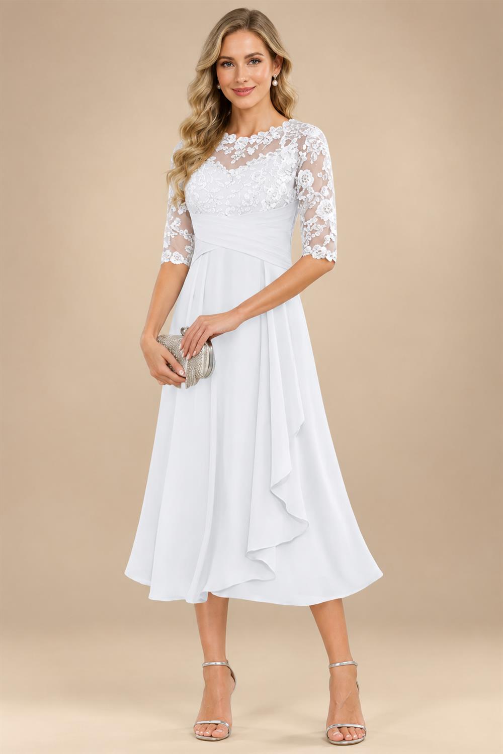 A-Line/Princess Scoop Illusion Lace Appliques Tea-Length Mother of the Bride Dresses with Pleated Ruffle (SHI22500105)