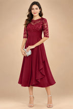 A-Line/Princess Scoop Illusion Lace Appliques Tea-Length Mother of the Bride Dresses with Pleated Ruffle (SHI22500105)