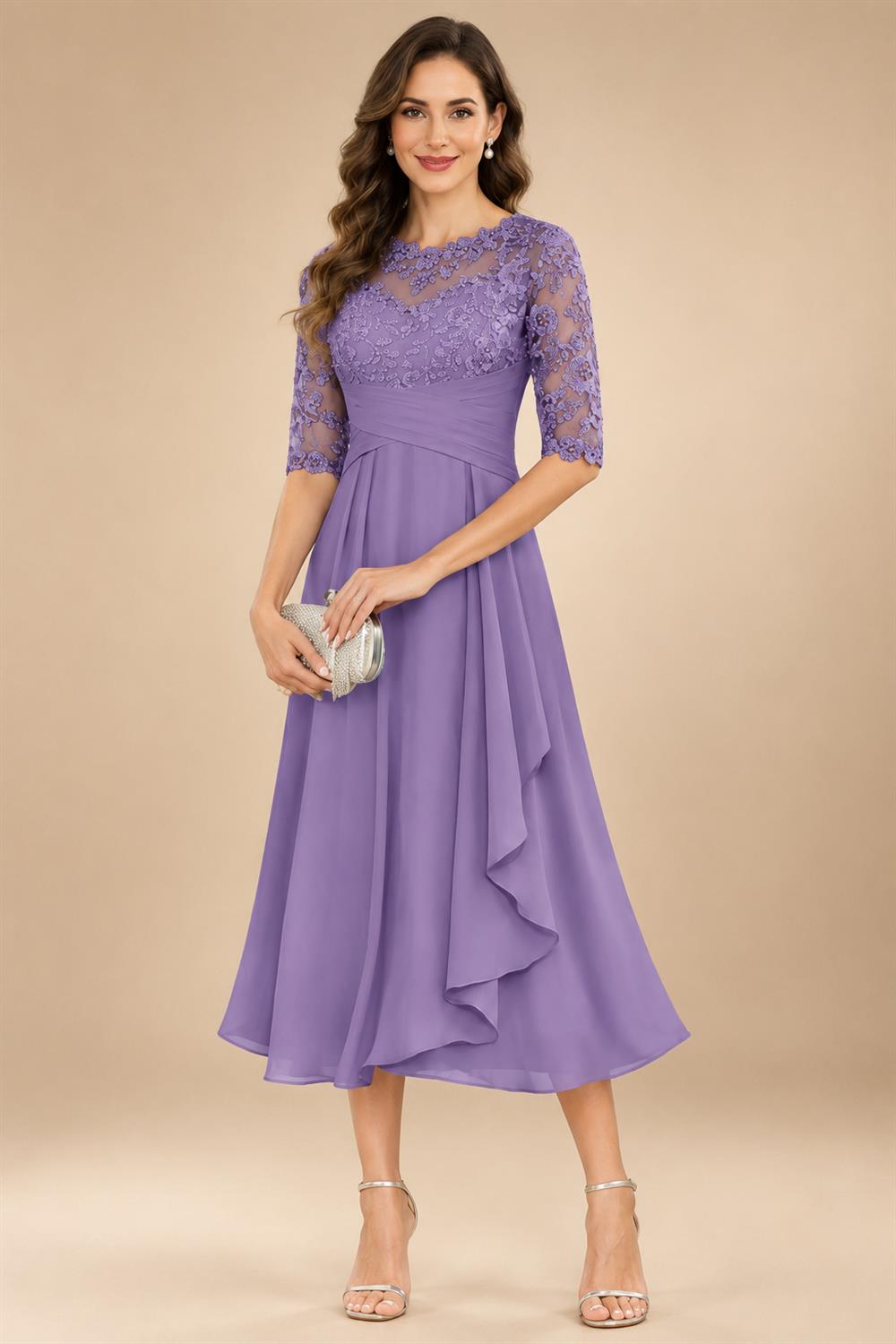 A-Line/Princess Scoop Illusion Lace Appliques Tea-Length Mother of the Bride Dresses with Pleated Ruffle (SHI22500105)