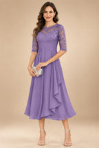 A-Line/Princess Scoop Illusion Lace Appliques Tea-Length Mother of the Bride Dresses with Pleated Ruffle (SHI22500105)