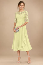 A-Line/Princess Scoop Illusion Lace Appliques Tea-Length Mother of the Bride Dresses with Pleated Ruffle (SHI22500105)