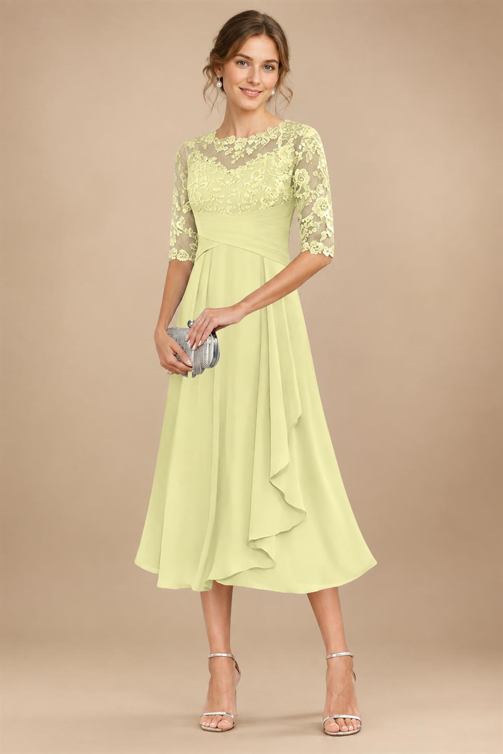 A-Line/Princess Scoop Illusion Lace Appliques Tea-Length Mother of the Bride Dresses with Pleated Ruffle (SHI22500105)