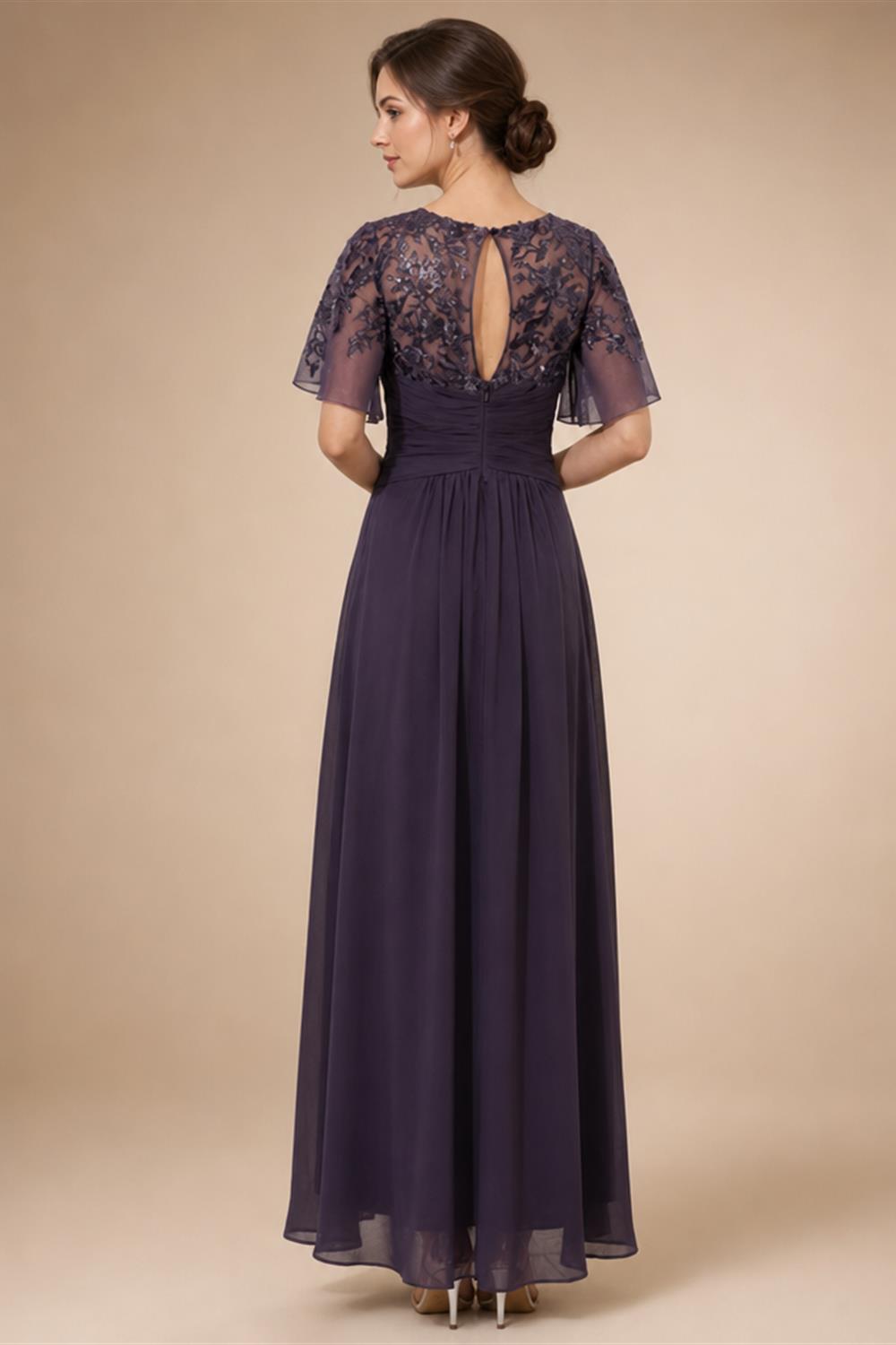A-Line Satin V-Neck 3/4 Sleeve Mother of the Bride Dresses Floor-Length Ball Gown with Applique (SHI22500294)