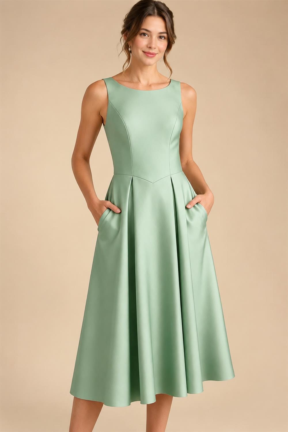 A-Line/Princess Scoop Neck Satin Tea-Length Mother of the Bride Dresses with Pockets (SHI22500122)