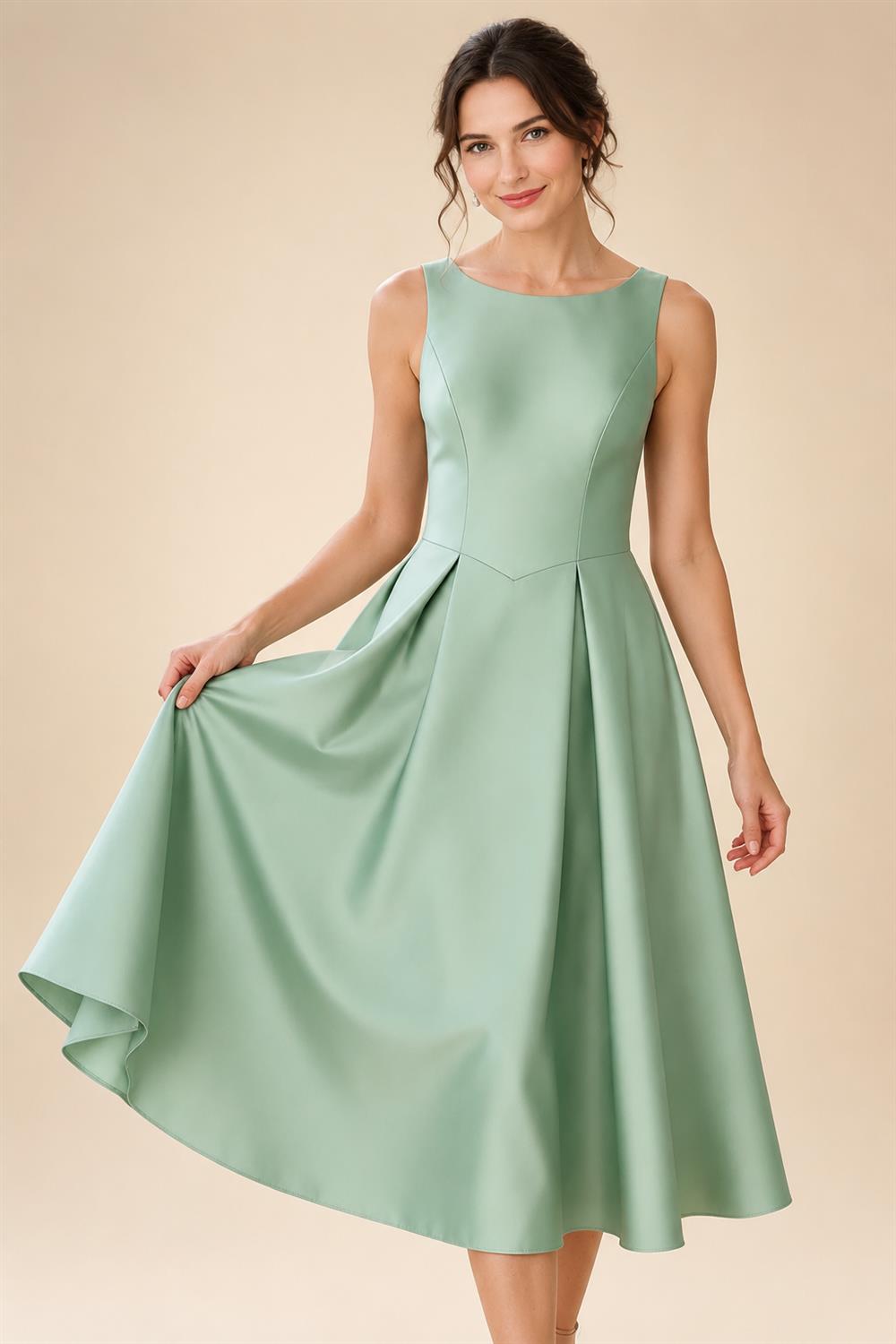 A-Line/Princess Scoop Neck Satin Tea-Length Mother of the Bride Dresses with Pockets (SHI22500122)