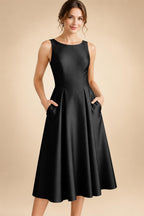 A-Line/Princess Scoop Neck Satin Tea-Length Mother of the Bride Dresses with Pockets (SHI22500122)