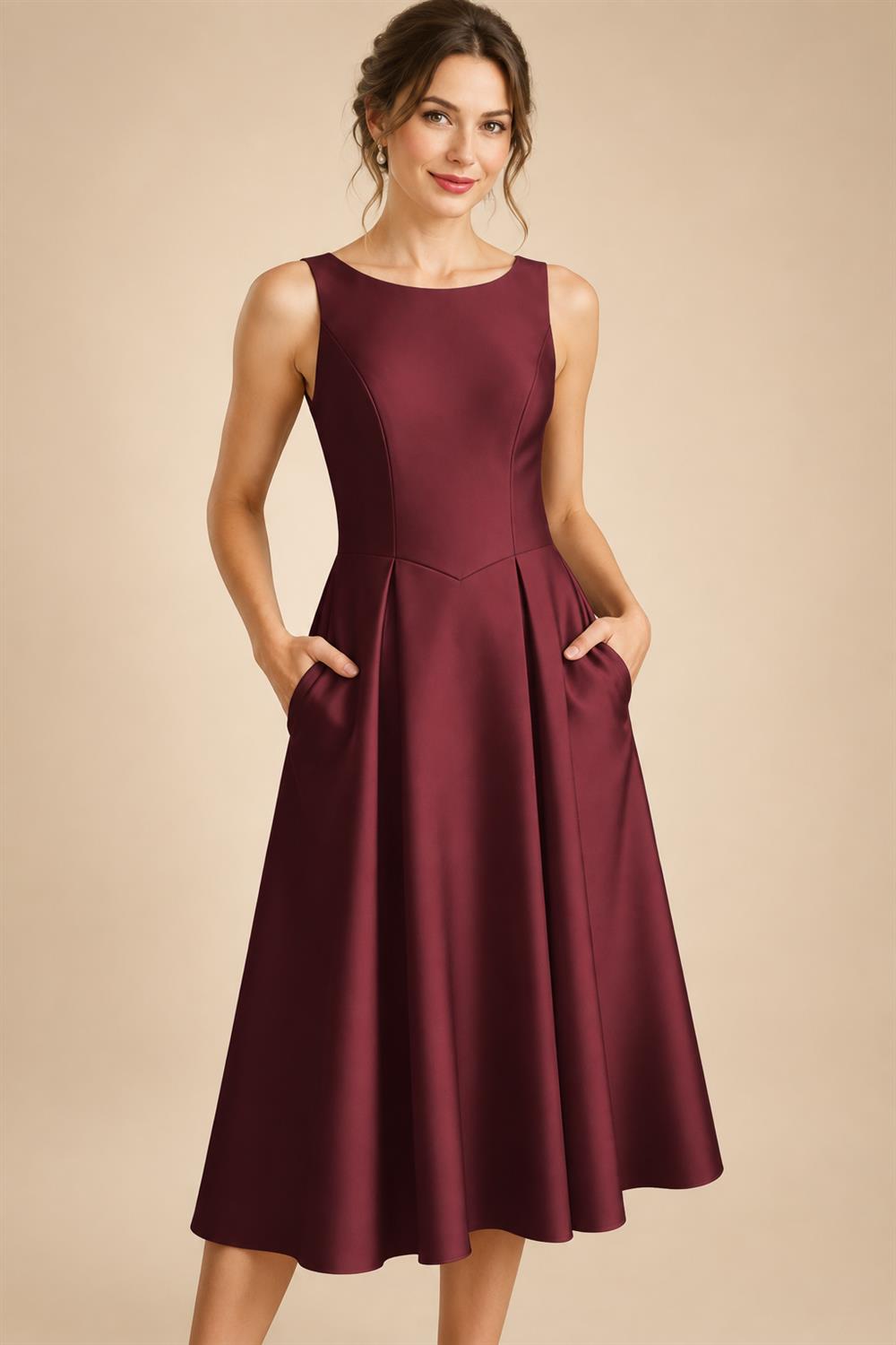 A-Line/Princess Scoop Neck Satin Tea-Length Mother of the Bride Dresses with Pockets (SHI22500122)