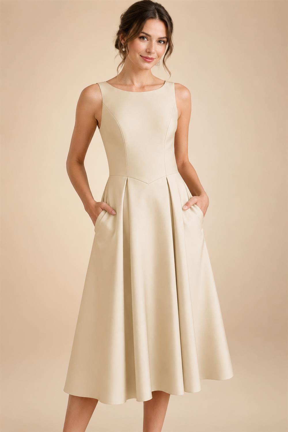 A-Line/Princess Scoop Neck Satin Tea-Length Mother of the Bride Dresses with Pockets (SHI22500122)