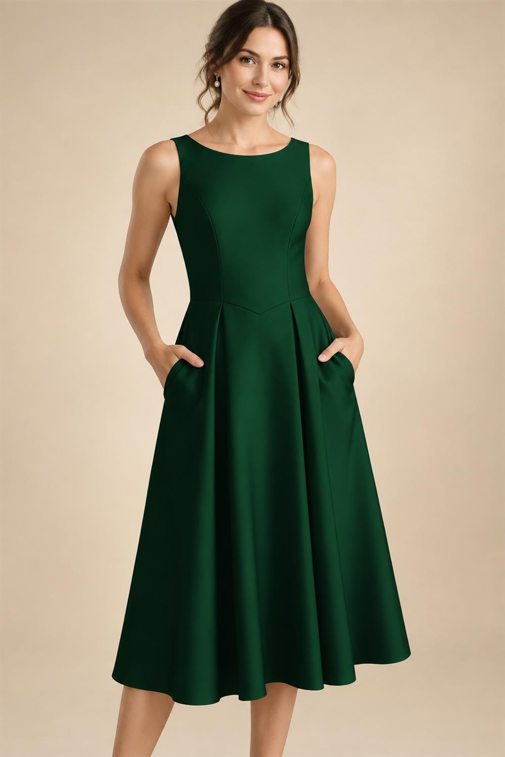 A-Line/Princess Scoop Neck Satin Tea-Length Mother of the Bride Dresses with Pockets (SHI22500122)