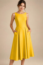 A-Line/Princess Scoop Neck Satin Tea-Length Mother of the Bride Dresses with Pockets (SHI22500122)