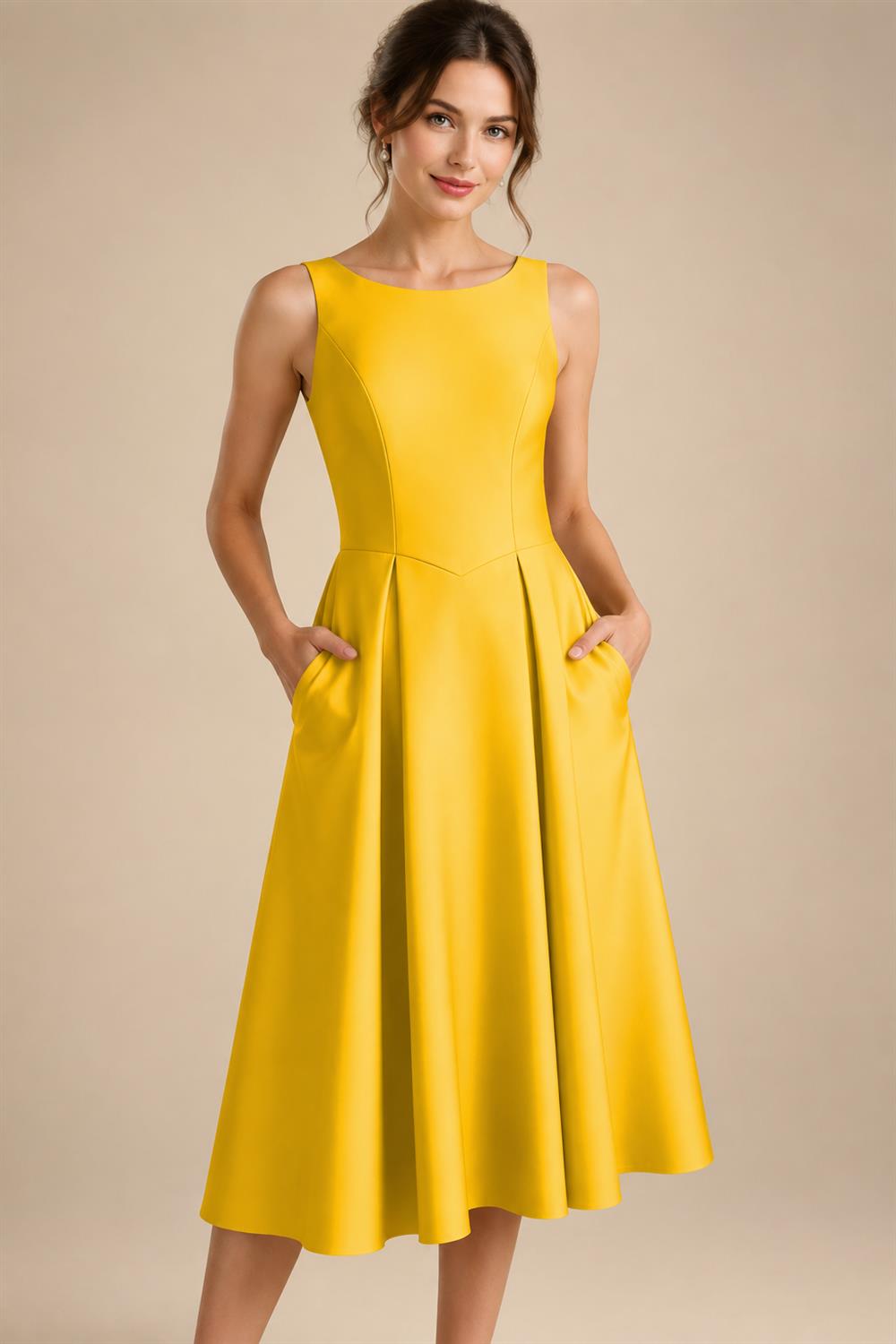 A-Line/Princess Scoop Neck Satin Tea-Length Mother of the Bride Dresses with Pockets (SHI22500122)